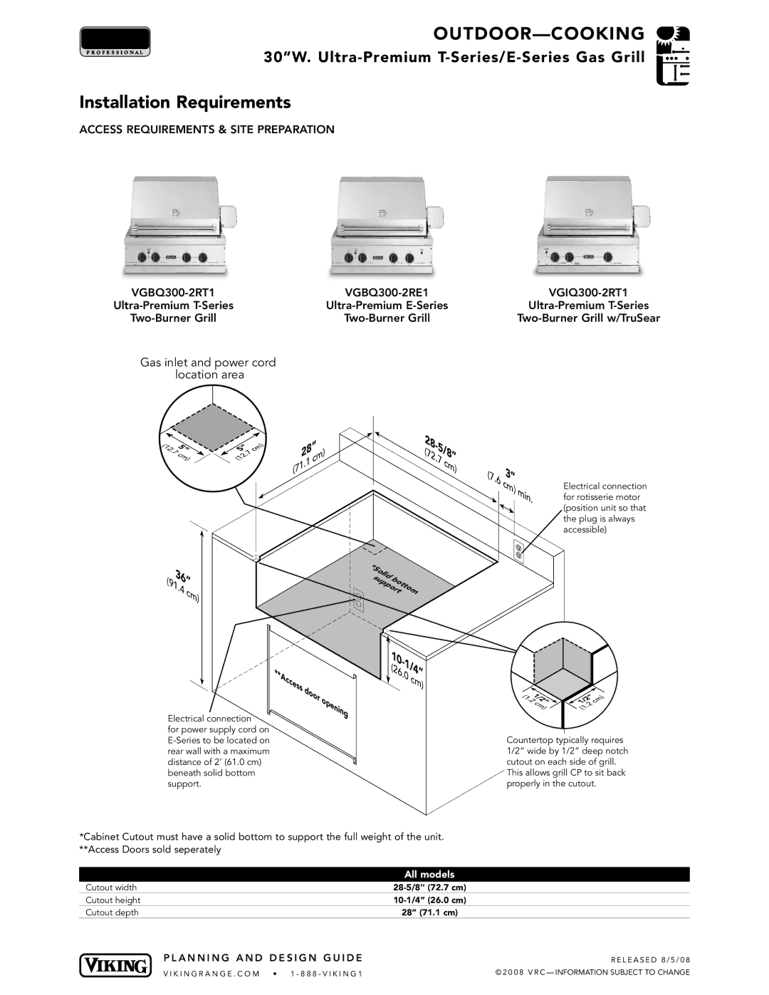 Viking VGBQ3002T1NSS manual Access Requirements & Site Preparation, All models 