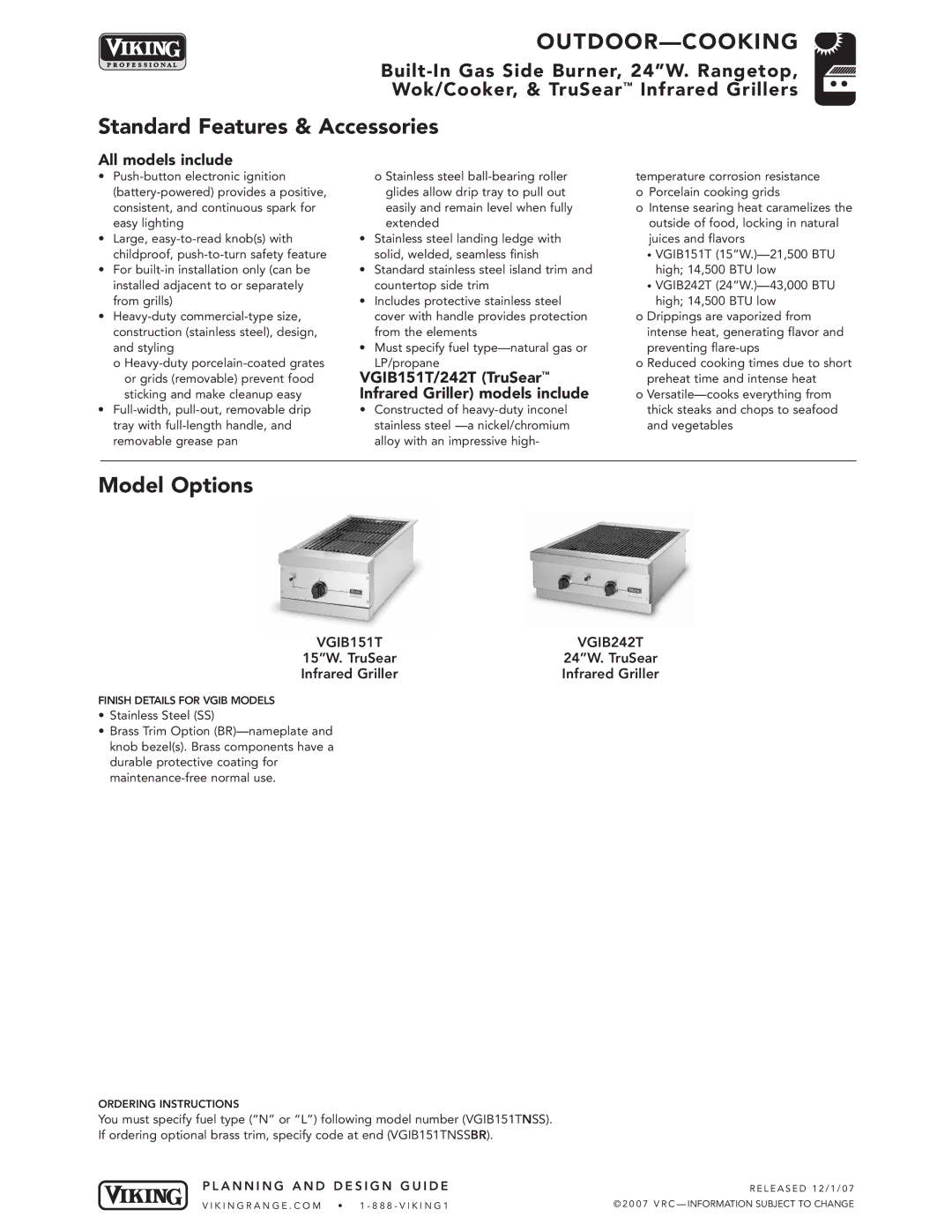 Viking VGBQ3002T1NSS manual VGIB151T/242T TruSear Infrared Griller models include, VGIB151T VGIB242T 