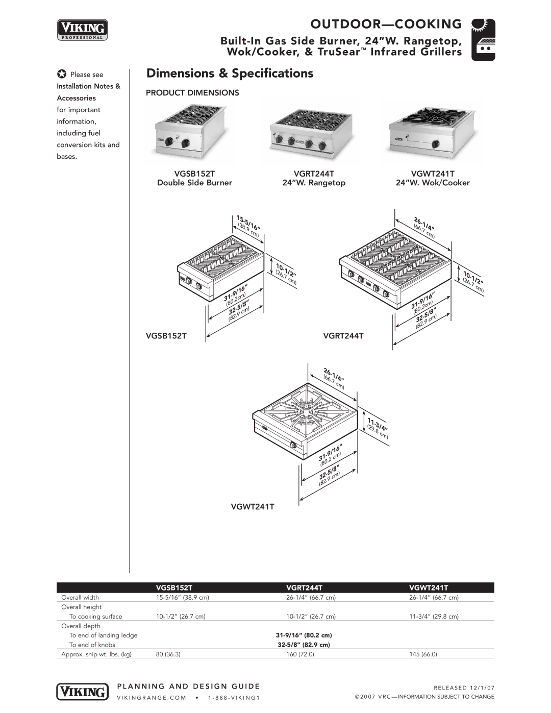 Viking VGBQ3002T1NSS manual Product Dimensions VGSB152T VGRT244T VGWT241T 