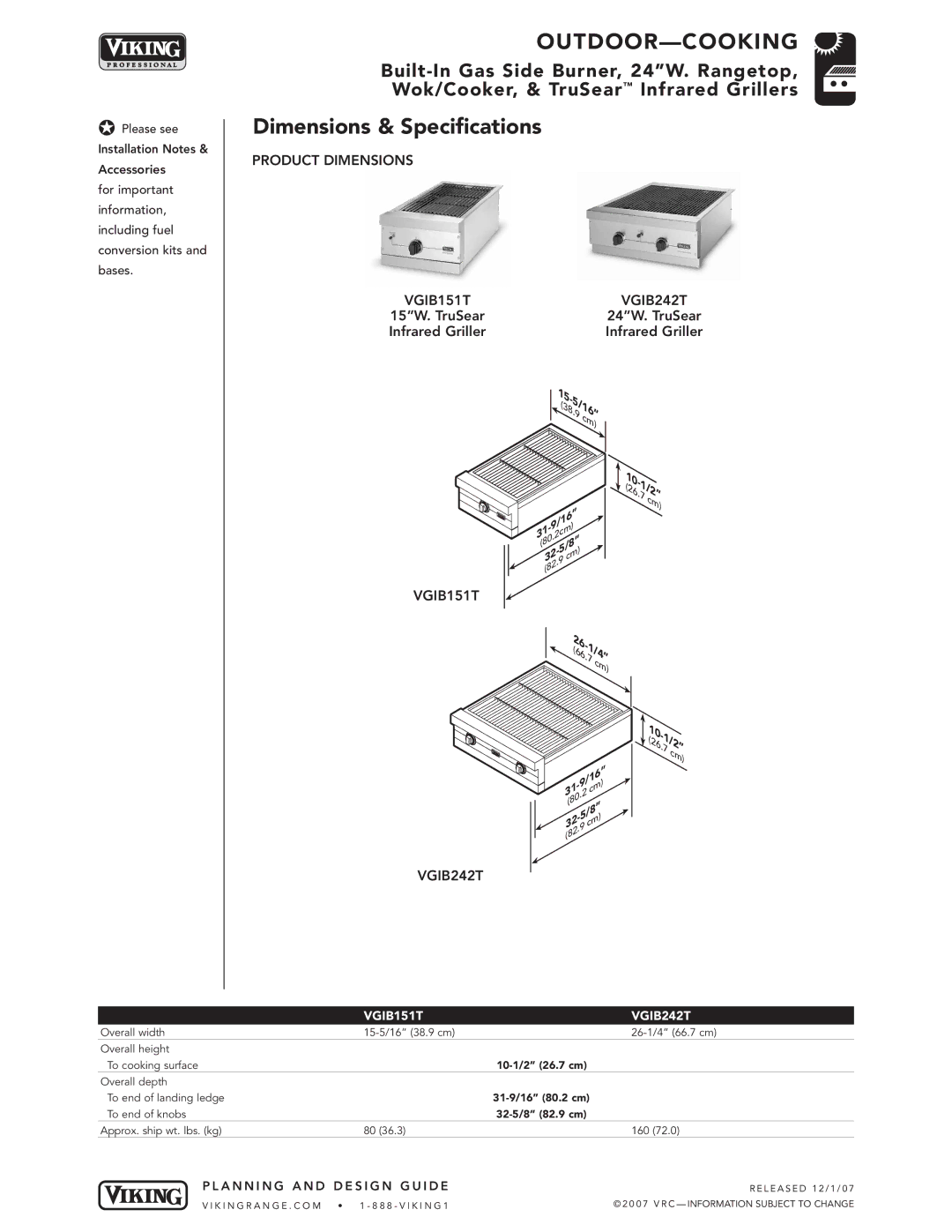 Viking VGBQ3002T1NSS manual Product Dimensions VGIB151T VGIB242T 