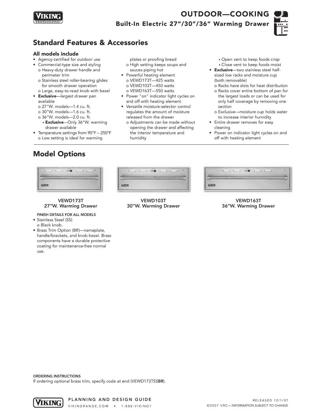 Viking VGBQ3002T1NSS manual VEWD173T VEWD103T VEWD163T, 27W. Warming Drawer 30W. Warming Drawer 36W. Warming Drawer 