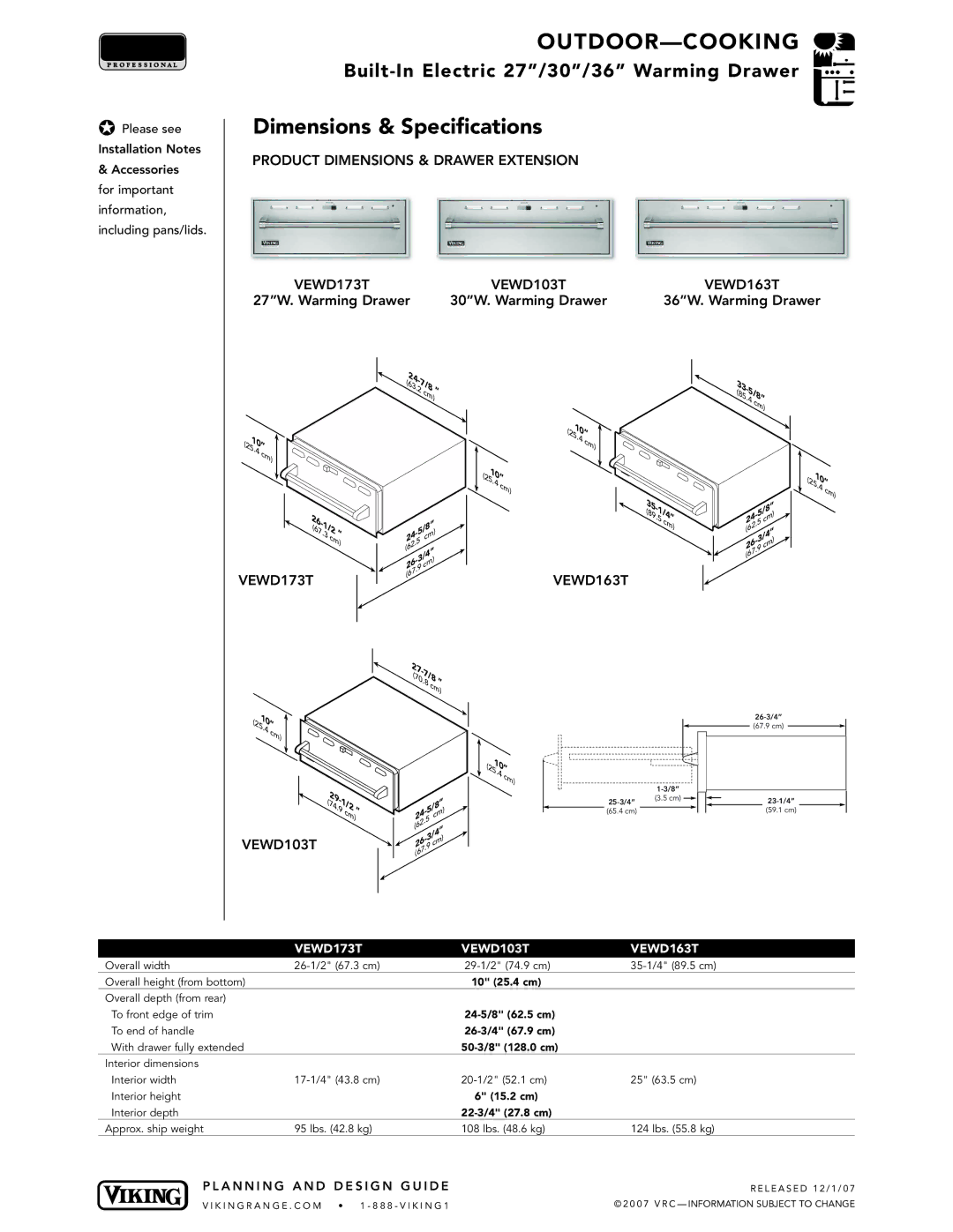 Viking VGBQ3002T1NSS manual VEWD173T VEWD103T VEWD163T, 50-3/8 128.0 cm 