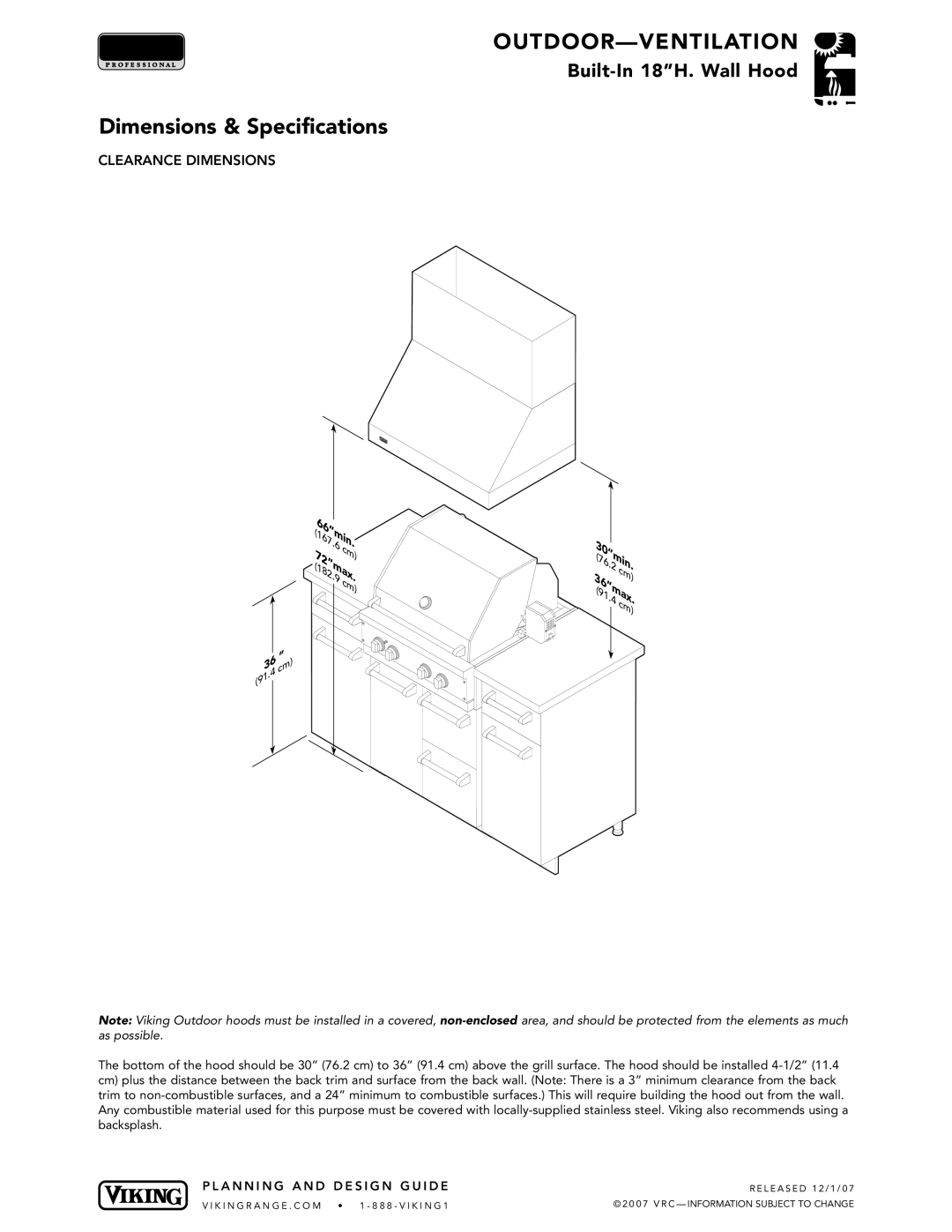 Viking VGBQ3002T1NSS manual 182.72max, Clearance Dimensions 