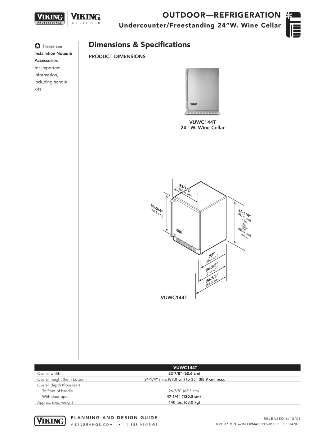 Viking VGBQ3002T1NSS manual Product Dimensions VUWC144T 