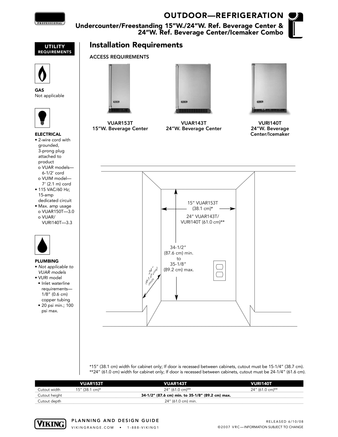 Viking VGBQ3002T1NSS manual Access Requirements VUAR153T VUAR143T VURI140T 