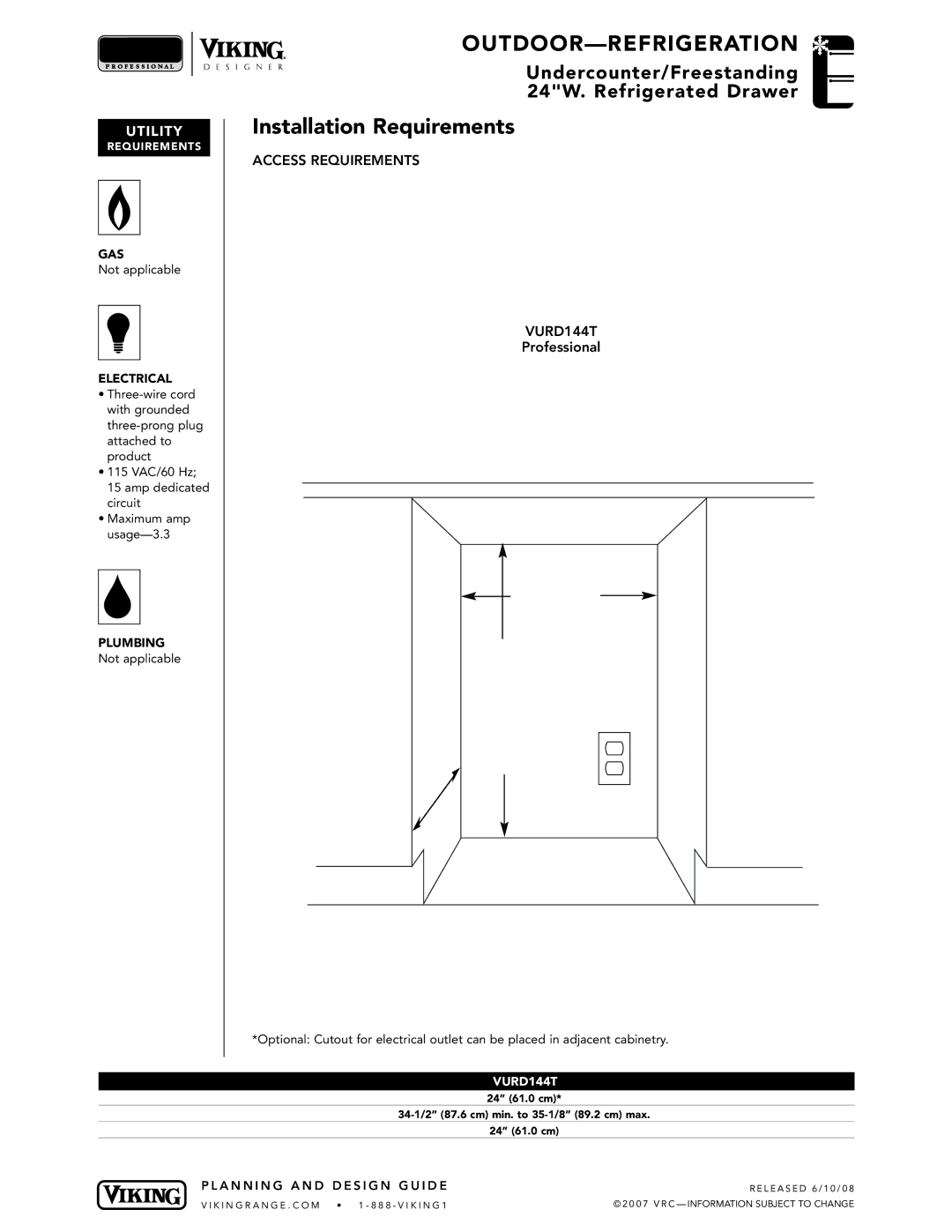 Viking VGBQ3002T1NSS manual Access Requirements VURD144T 