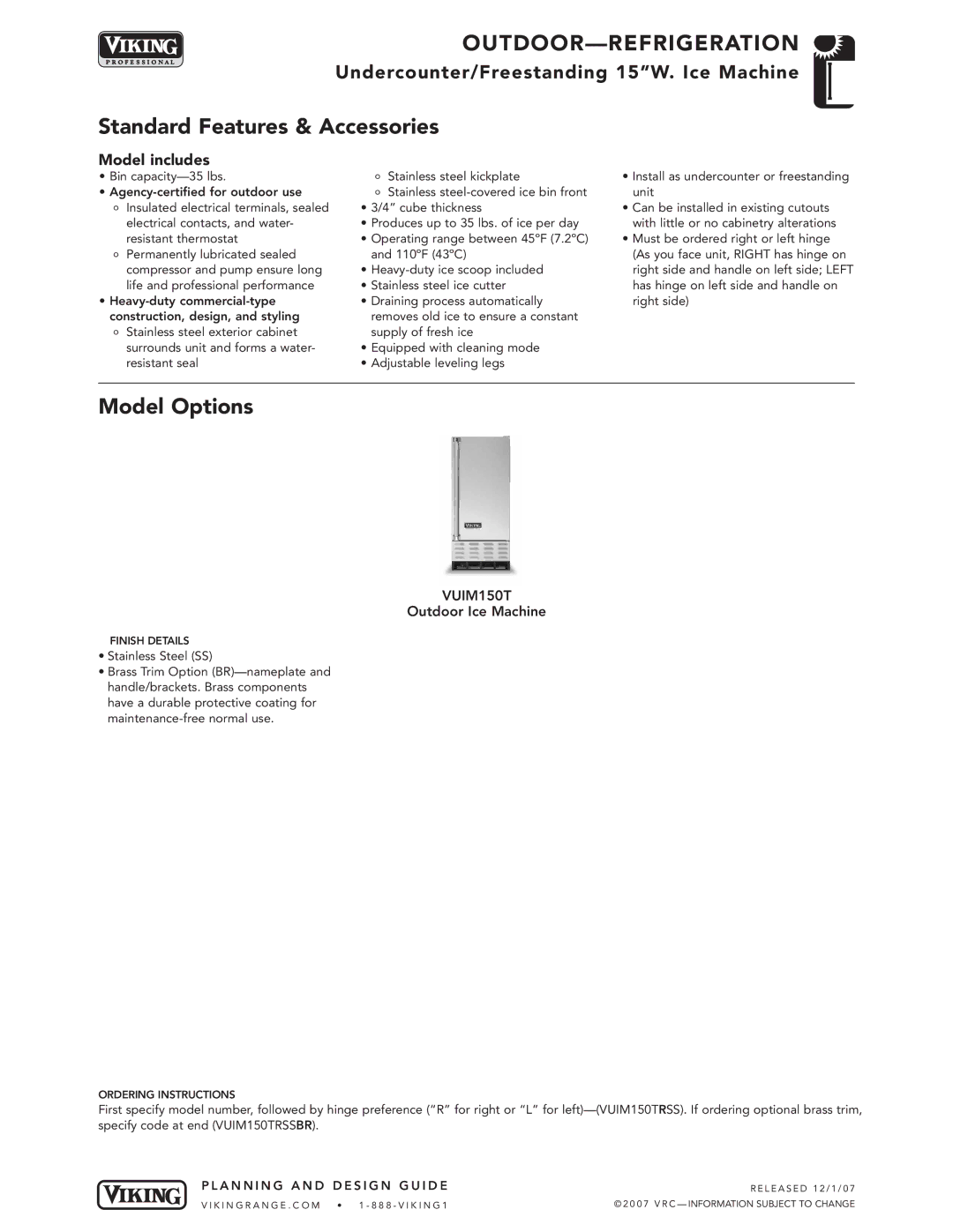 Viking VGBQ3002T1NSS manual Model includes, VUIM150T, Outdoor Ice Machine 