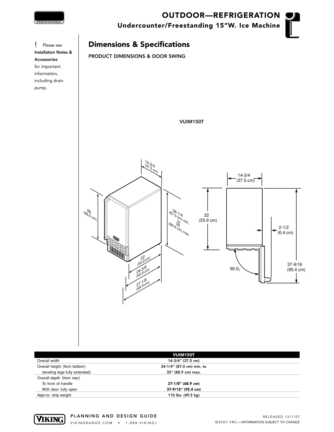 Viking VGBQ3002T1NSS manual 53/4, Product Dimensions & Door Swing VUIM150T 