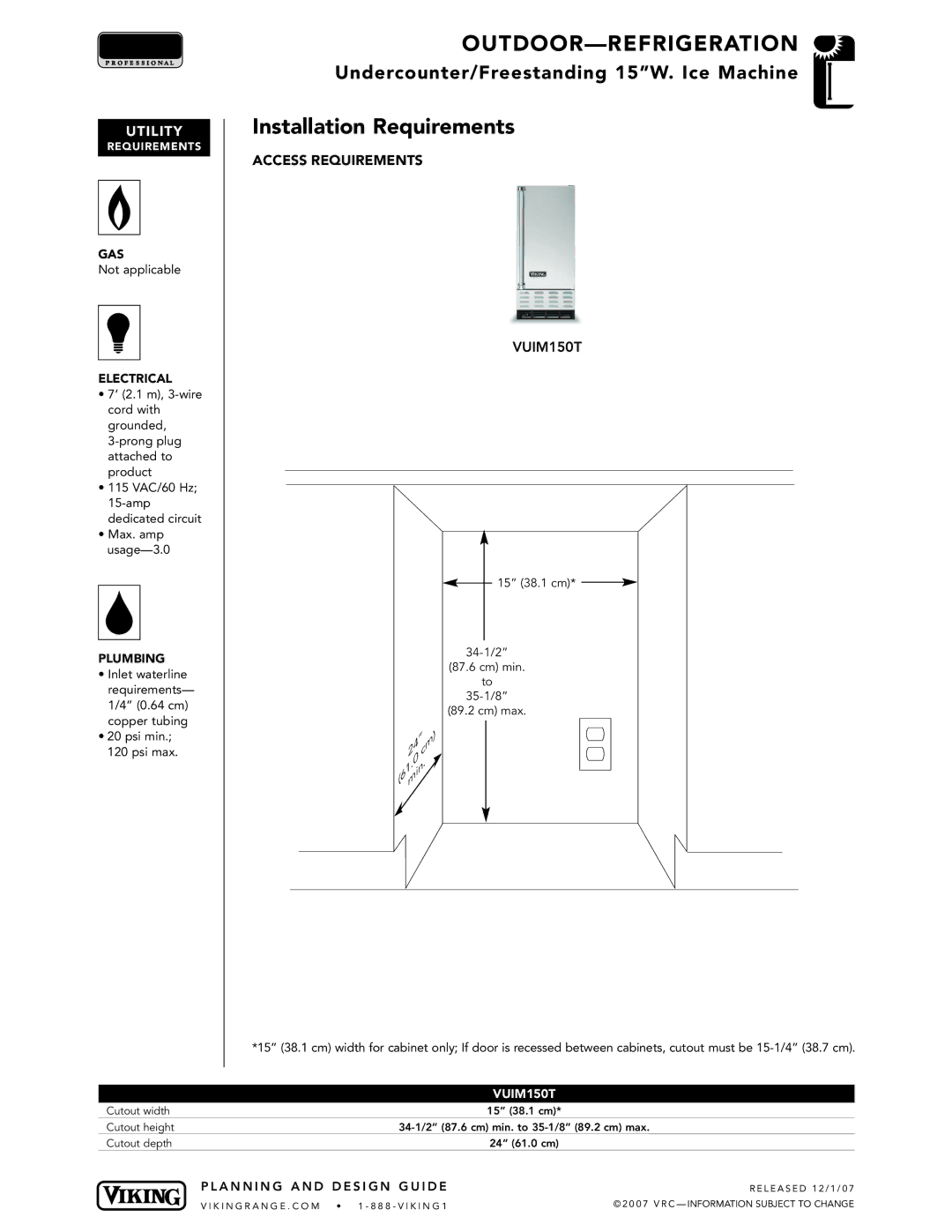 Viking VGBQ3002T1NSS manual 15 38.1 cm 34-1/2 Cm min 35-1/8 Cm max 