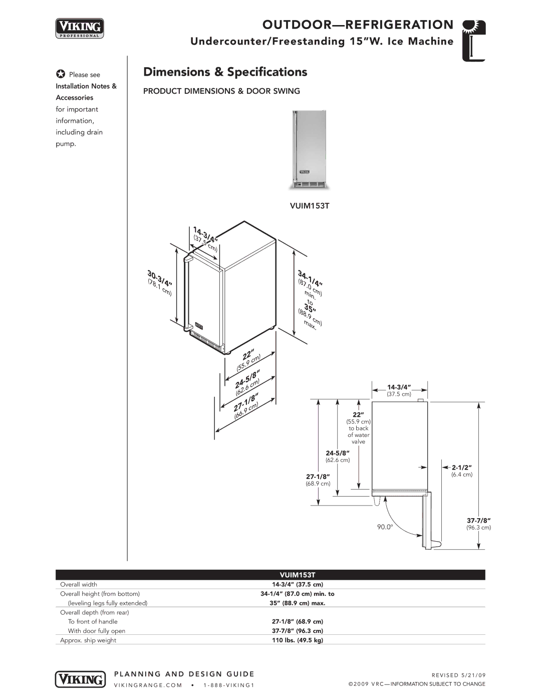 Viking VGBQ3002T1NSS manual Product Dimensions & Door Swing VUIM153T 