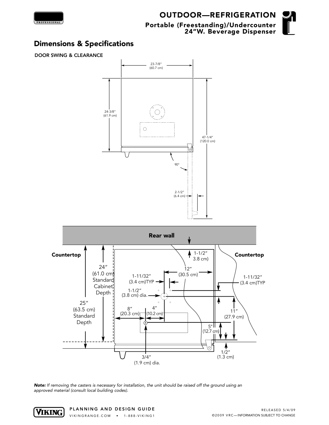 Viking VGBQ3002T1NSS manual Countertop, Door Swing & Clearance, 11/32 30.5 cm Standard, 63.5 cm, Cm dia 