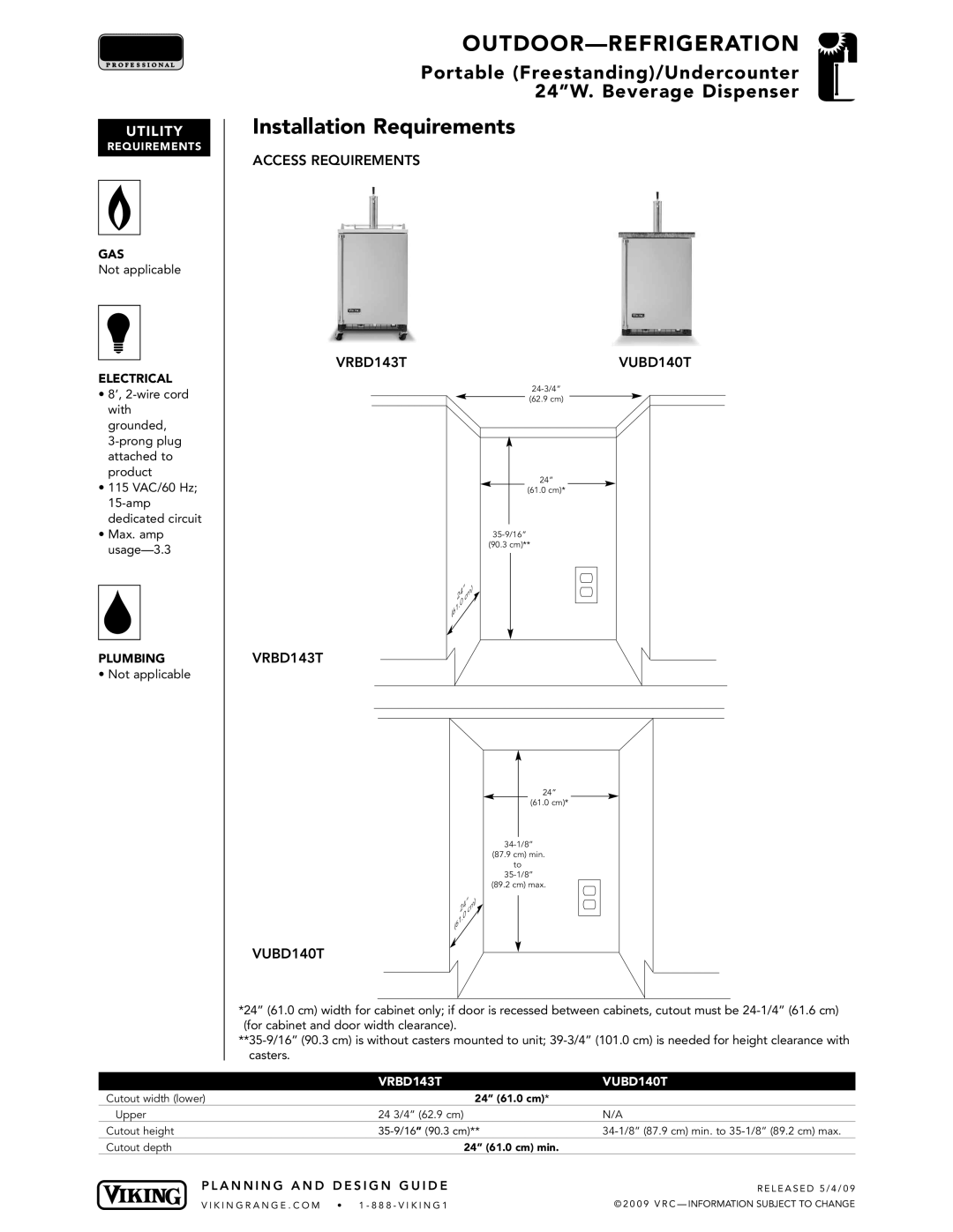 Viking VGBQ3002T1NSS manual Access Requirements VRBD143T VUBD140T, 24 61.0 cm 