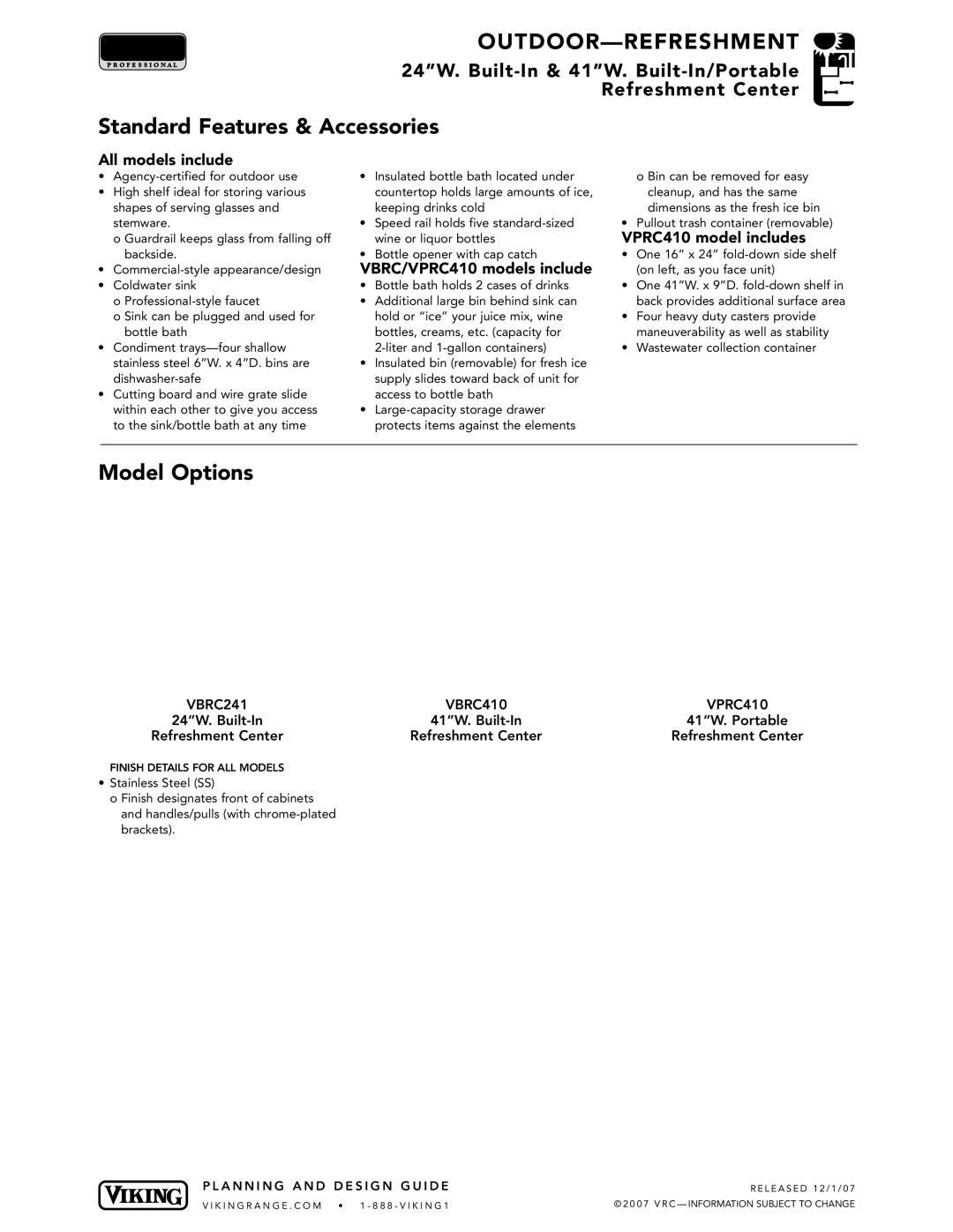 Viking VGBQ3002T1NSS manual VPRC410 model includes, VBRC/VPRC410 models include 