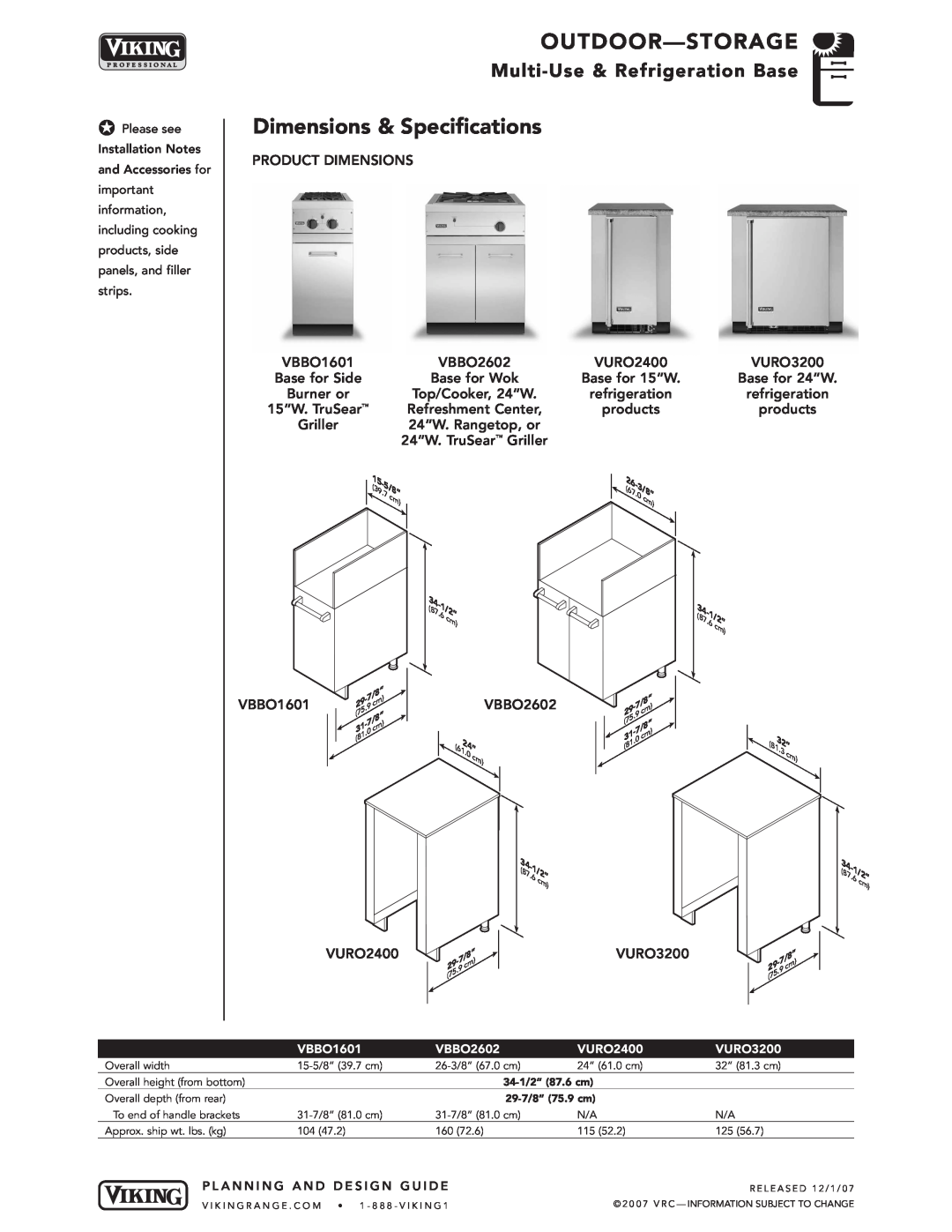 Viking VGBQ3002T1NSS manual 03/8”, Outdoor - Storage, Dimensions & Specifications, Multi-Use & Refrigeration Base, VBBO1601 