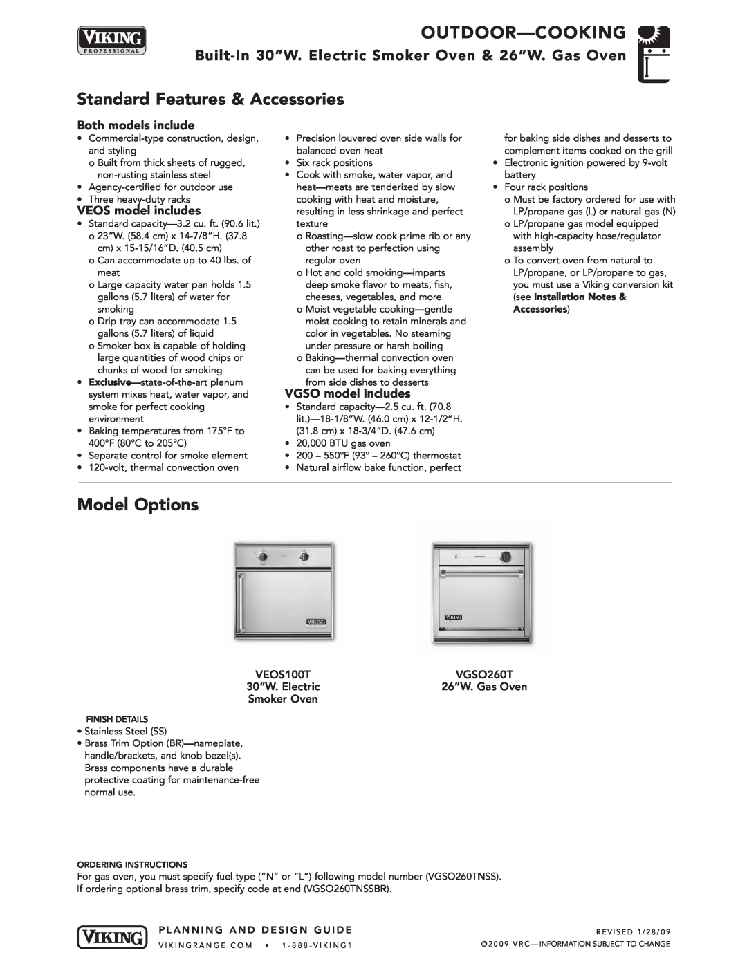 Viking VGBQ3002T1NSS manual Built-In 30”W. Electric Smoker Oven & 26”W. Gas Oven, Both models include, VEOS model includes 