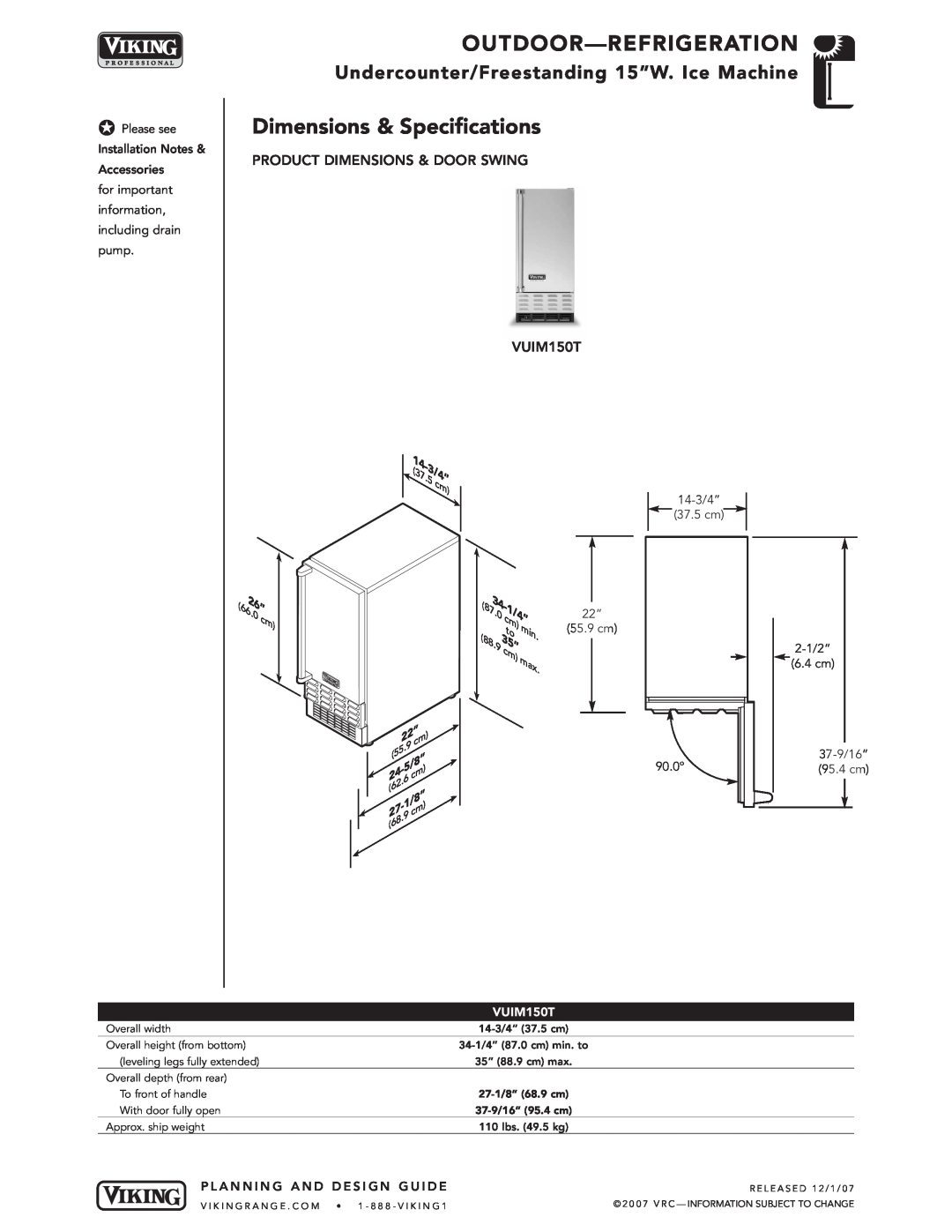 Viking VGBQ3002T1NSS manual 1/4”, 53/4”, Outdoor- Refrigeration, Dimensions & Specifications, 935”, 5/8”, 1/8” 