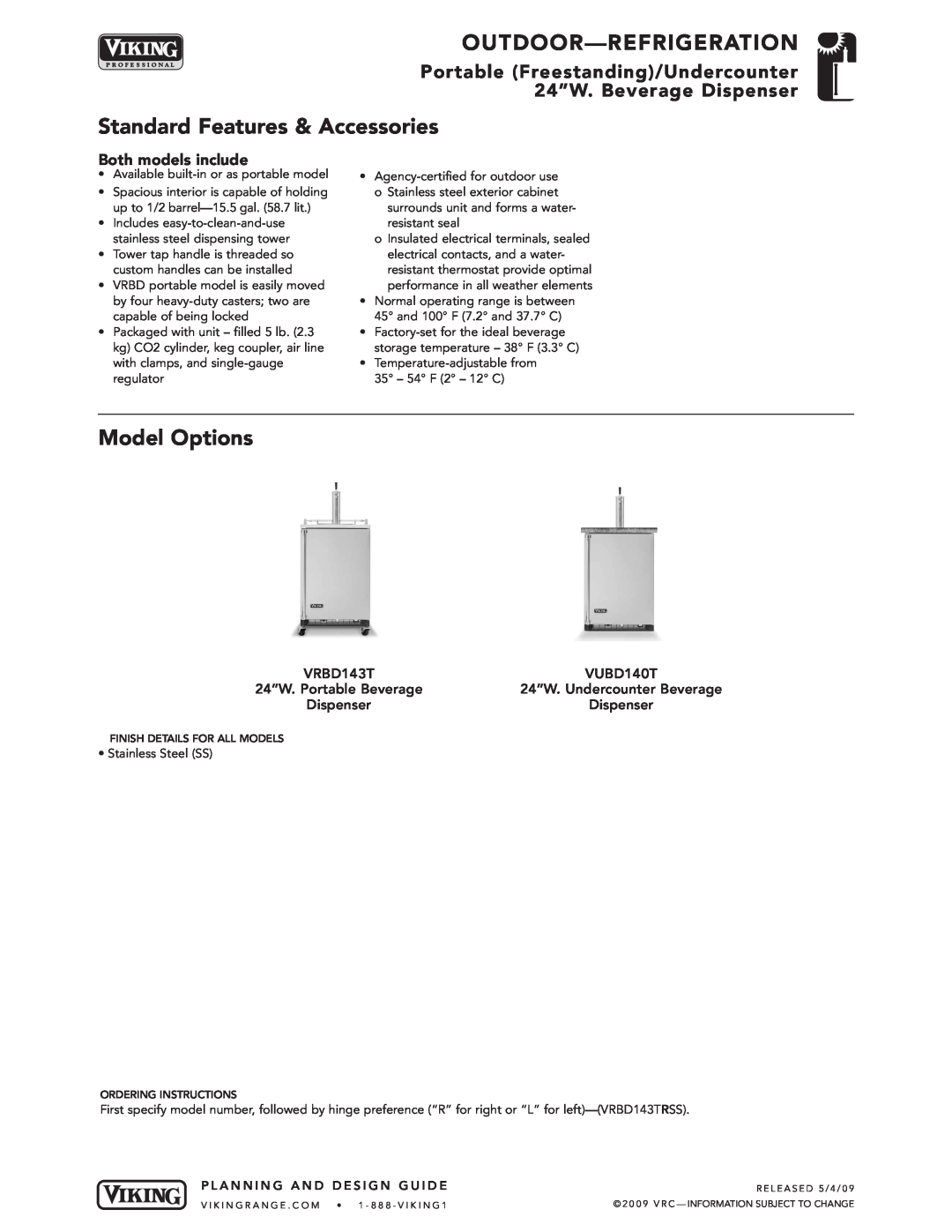 Viking VGBQ3002T1NSS Portable Freestanding/Undercounter 24”W. Beverage Dispenser, Outdoor -Refrigeration, Model Options 