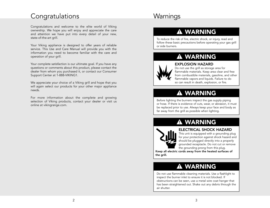 Viking VGBQ5323RE2L, VGBQ5323RE1N, VGBQ5323RE1L, VGIQ5323RT1L, VGIQ5304RT1L, VGIQ5304RE2N Congratulations, Explosion Hazard 