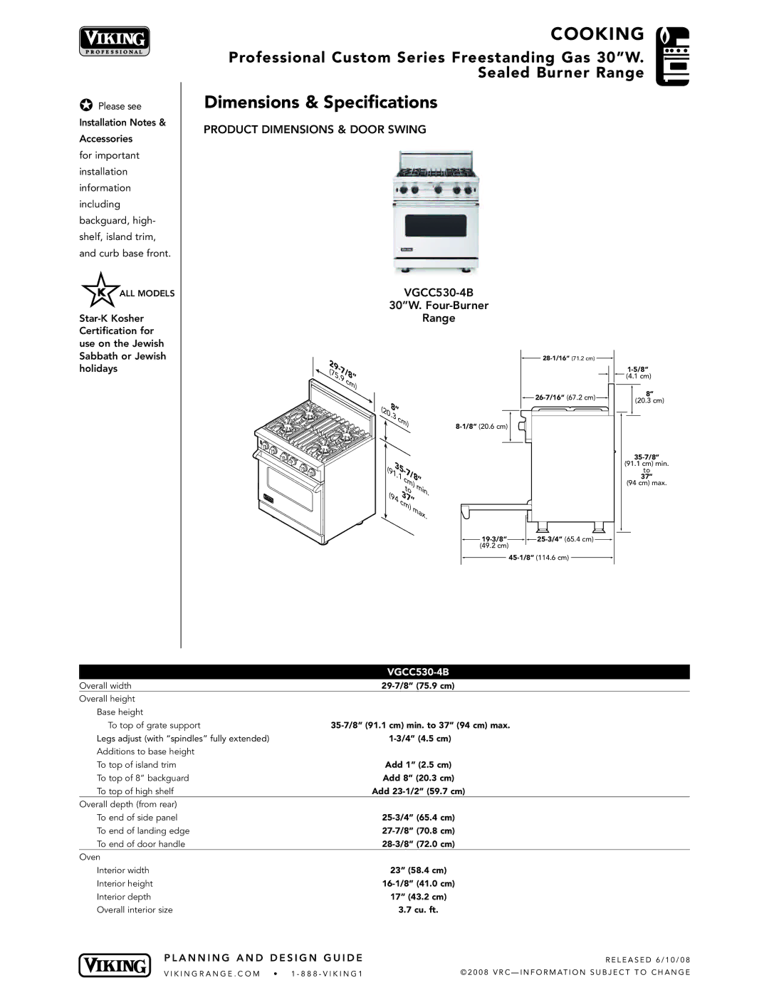 Viking manual Cooking, Dimensions & Specifications, Product Dimensions & Door Swing, VGCC530-4B 30W. Four-Burner Range 