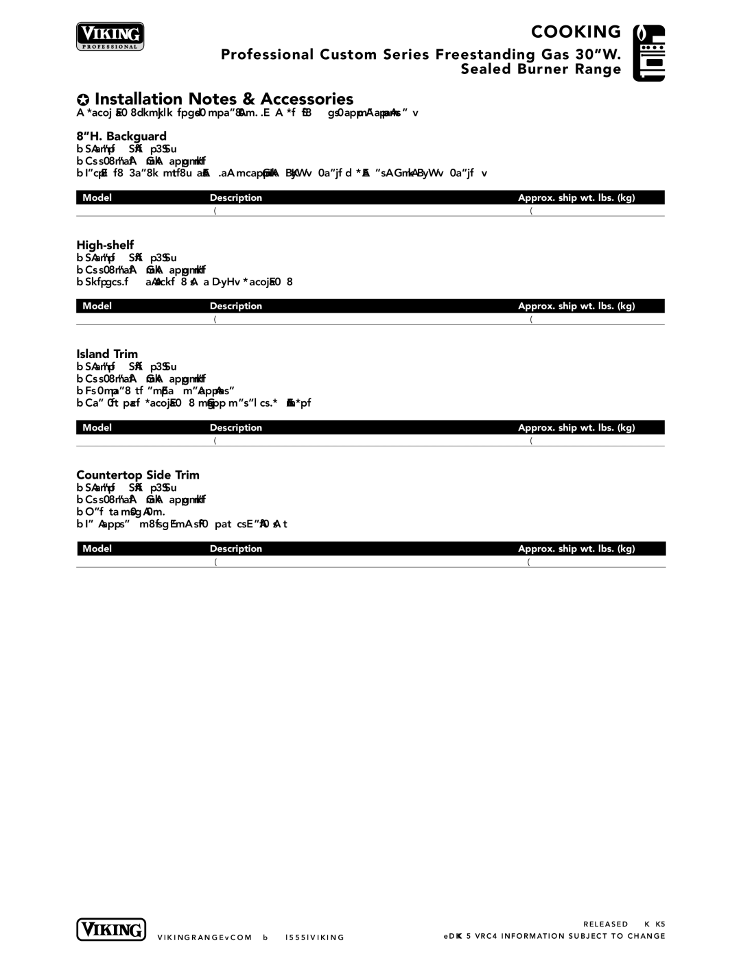 Viking VGCC530-4B manual Installation Notes & Accessories, 8H. Backguard, High-shelf, Island Trim, Countertop Side Trim 