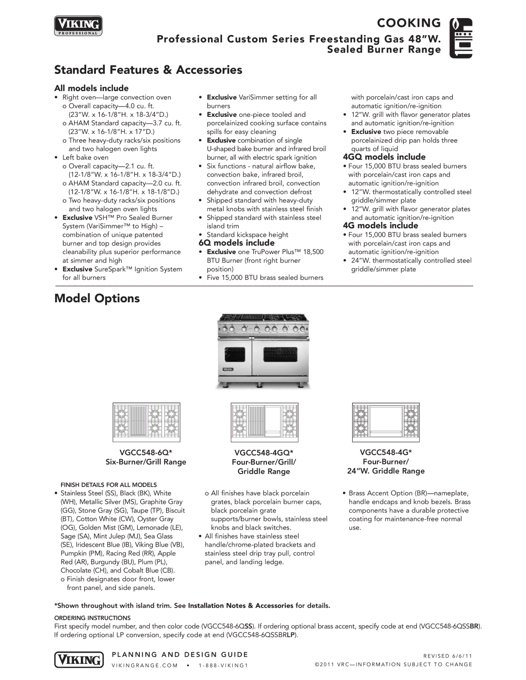 Viking VGCC548-8B, VGCC548-6G manual Cooking, 6Q models include, 4GQ models include, 4G models include 