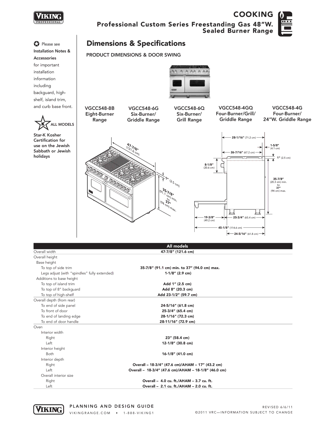 Viking VGCC548-6G, VGCC548-8B manual Dimensions & Specifications, All models 