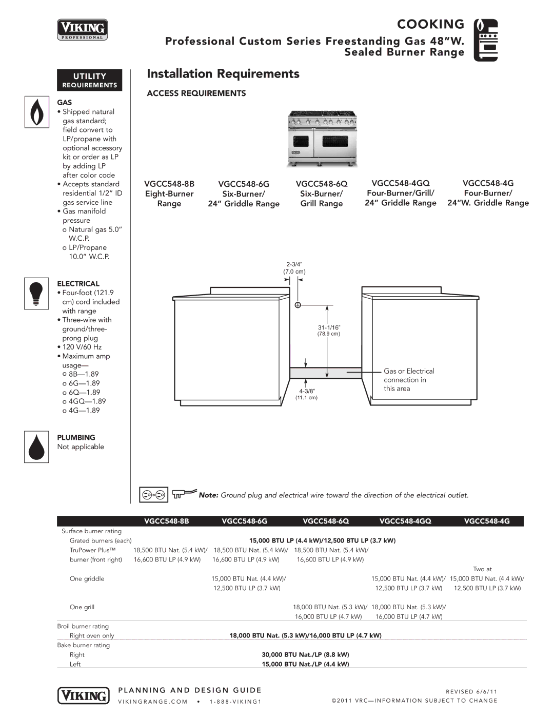 Viking manual Installation Requirements, VGCC548-8B VGCC548-6G VGCC548-6Q, VGCC548-4G 