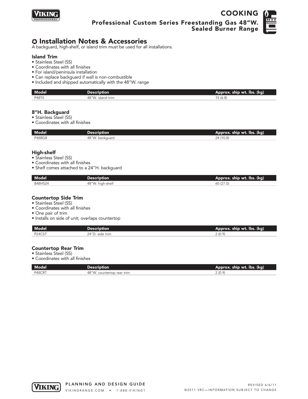 Viking VGCC548-8B, VGCC548-6G manual Installation Notes & Accessories 