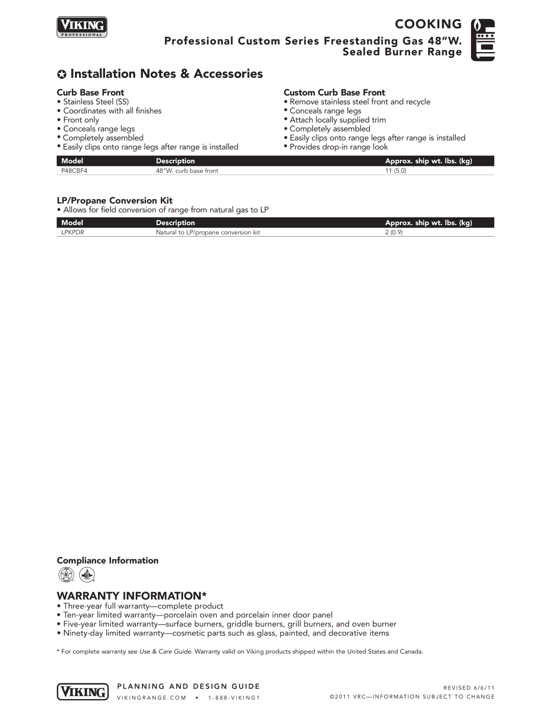 Viking VGCC548-6G, VGCC548-8B Curb Base Front Custom Curb Base Front, LP/Propane Conversion Kit, Compliance Information 