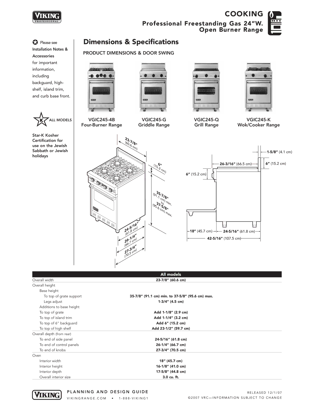 Viking VGIC245-4B* manual Dimensions & Specifications, Product Dimensions & Door Swing, VGIC245-G 