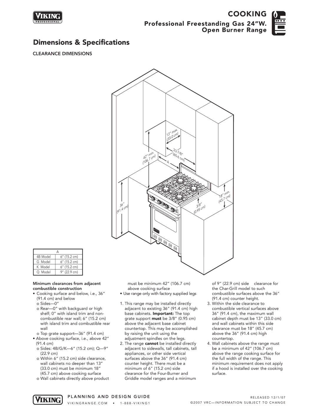 Viking VGIC245-4B* manual Clearance Dimensions 