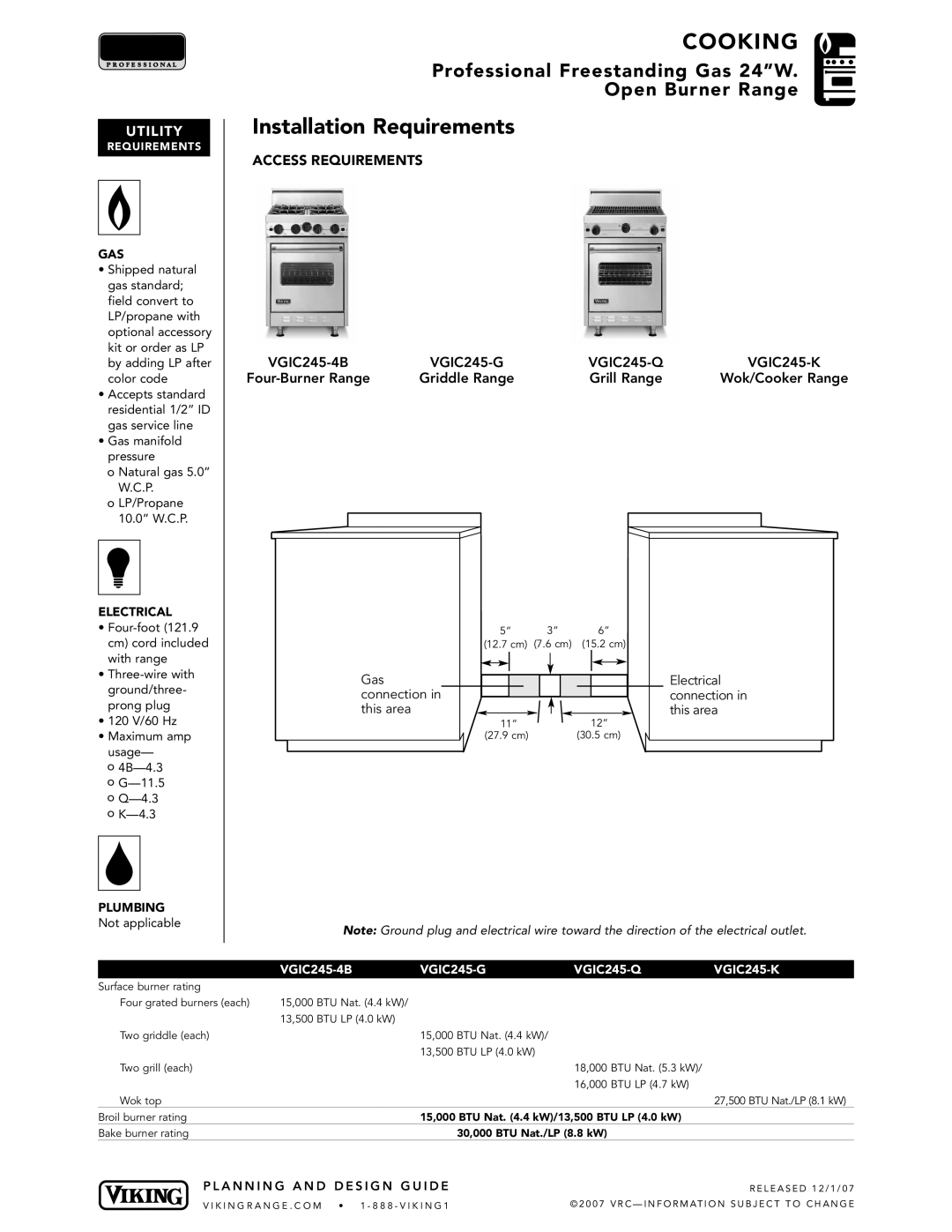 Viking VGIC245-4B* manual Installation Requirements, Utility 