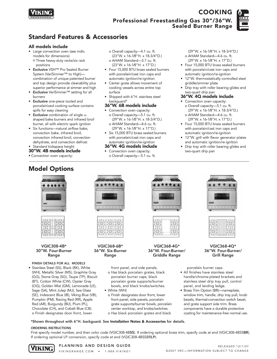 Viking VGIC245-Q*, VGIC245-G*, VGIC245-K* dimensions Standard Features & Accessories, Model Options 