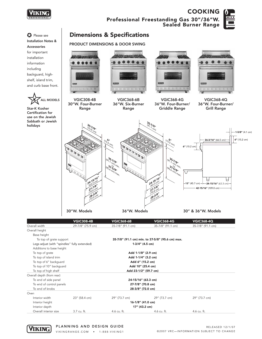 Viking VGIC245-K*, VGIC245-G*, VGIC245-Q* dimensions Dimensions & Specifications, 30W. Models 36W. Models 30 & 36W. Models 