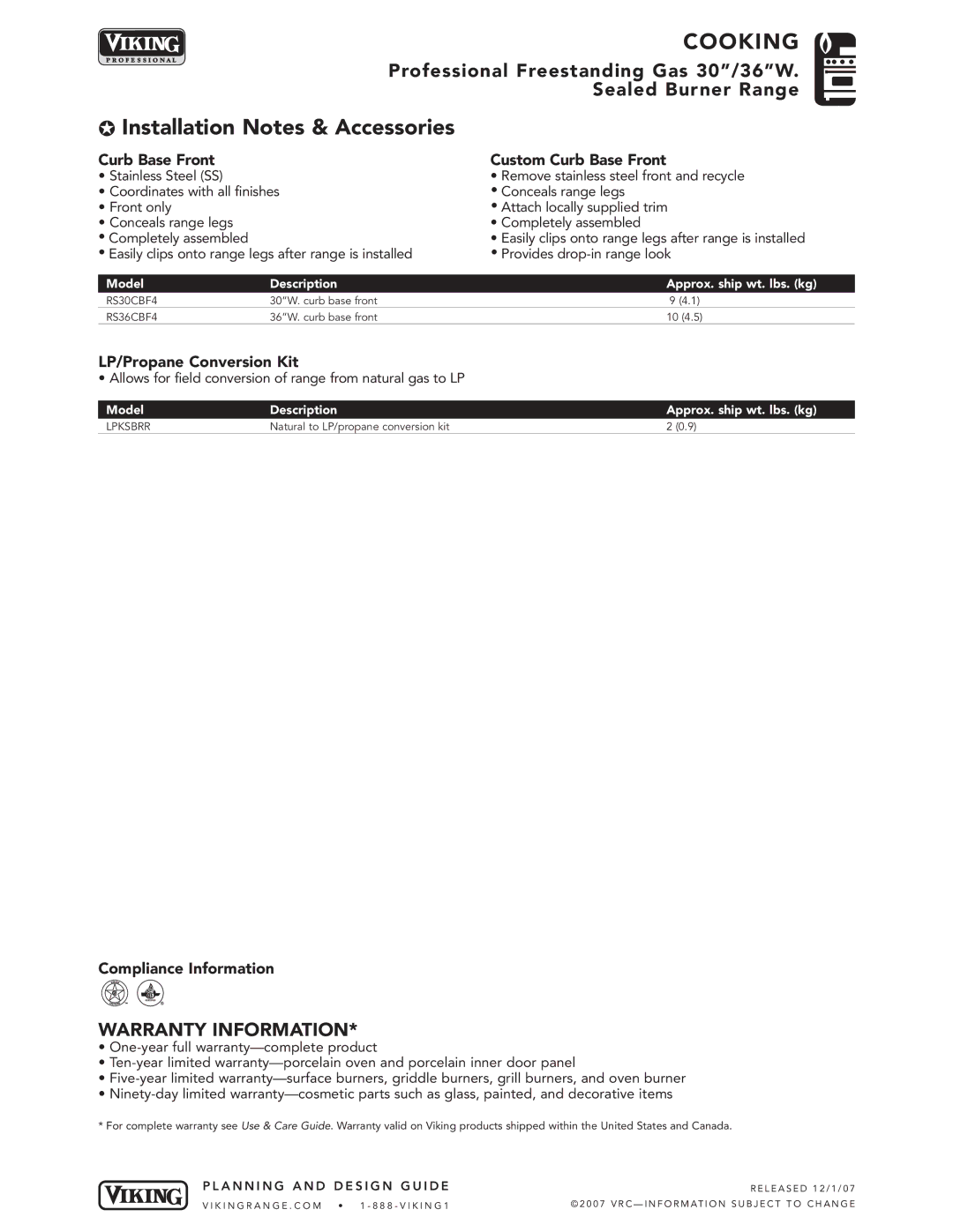 Viking VGIC245-G*, VGIC245-Q* Curb Base Front Custom Curb Base Front, LP/Propane Conversion Kit, Compliance Information 