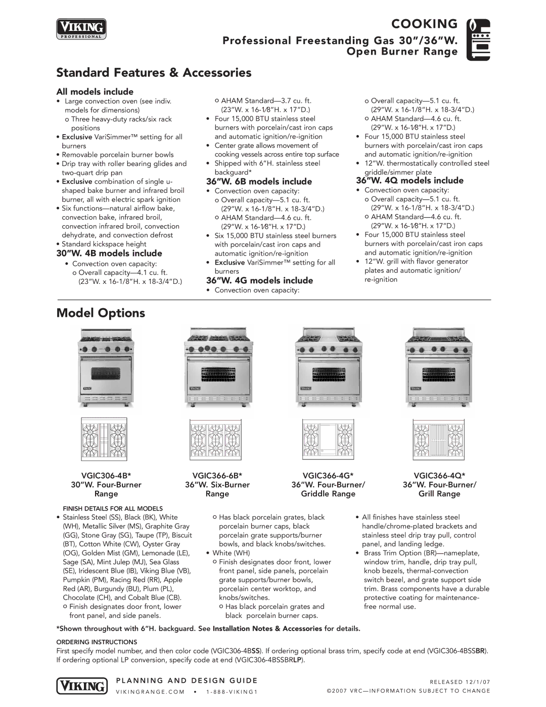 Viking VGIC306-4B, VGIC366-6B, VGIC366-4G, VGIC366-4Q dimensions Standard Features & Accessories, Model Options 