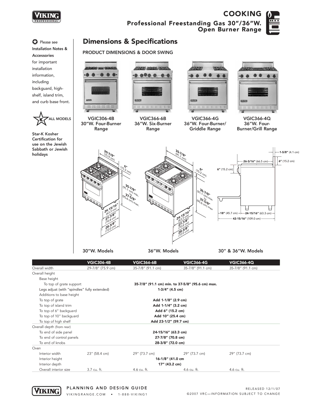 Viking VGIC366-4G Dimensions & Specifications, Griddle Range Burner/Grill Range, 30W. Models 36W. Models 30 & 36W. Models 