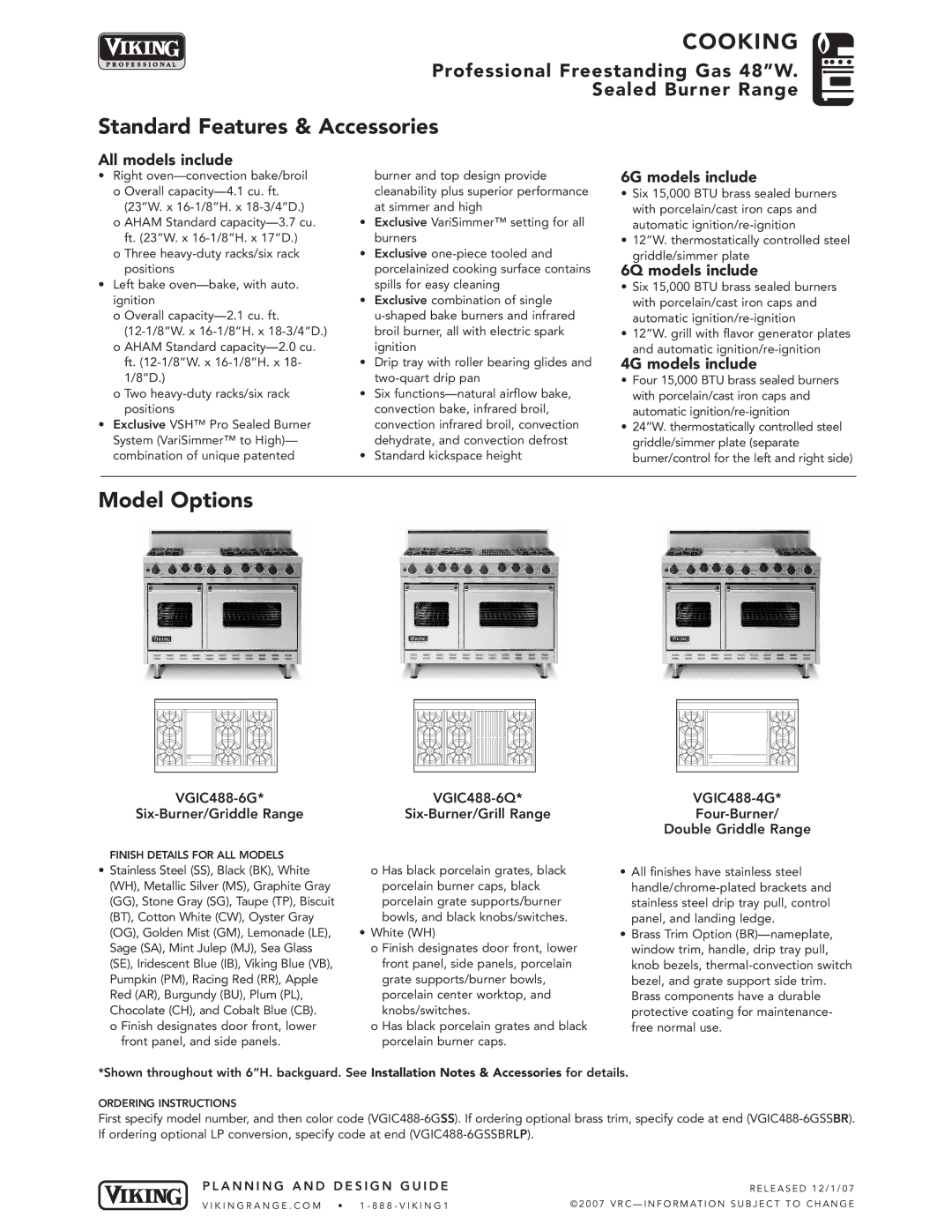 Viking VGIC488-4G*, VGIC488-6G*, VGIC488-6Q* manual Standard Features & Accessories, Model Options 