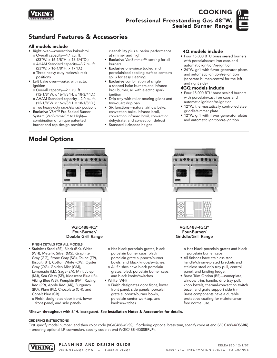 Viking VGIC488-6Q*, VGIC488-6G*, VGIC488-4G* manual 4Q models include, 4GQ models include 