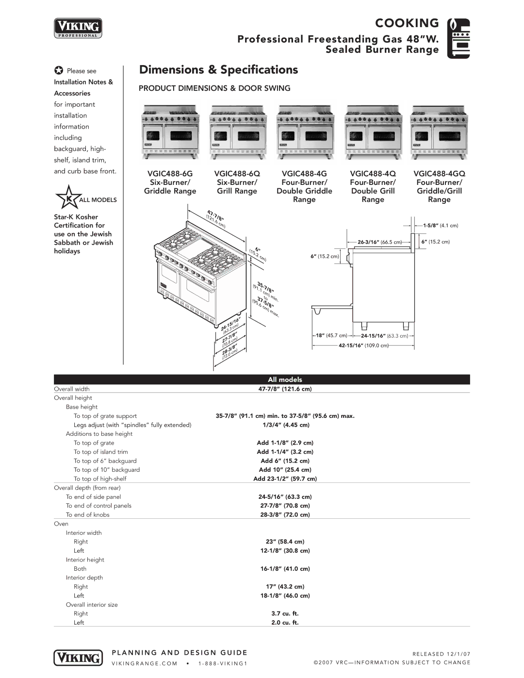 Viking VGIC488-6G* Dimensions & Specifications, Product Dimensions & Door Swing, A N N I N G a N D D E S I G N G U I D E 