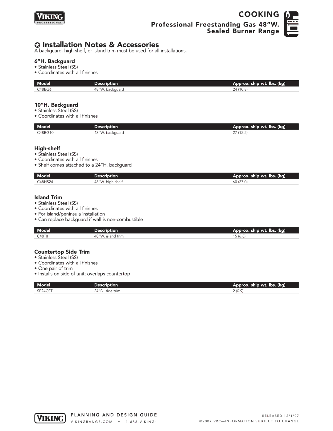 Viking VGIC488-6G*, VGIC488-4G*, VGIC488-6Q* manual Installation Notes & Accessories 