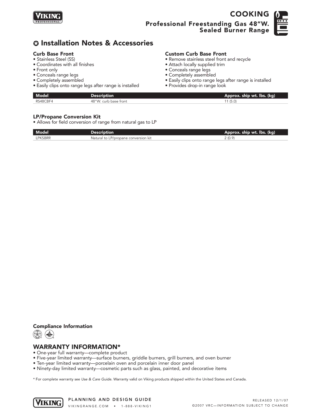 Viking VGIC488-4G*, VGIC488-6G* Curb Base Front Custom Curb Base Front, LP/Propane Conversion Kit, Compliance Information 