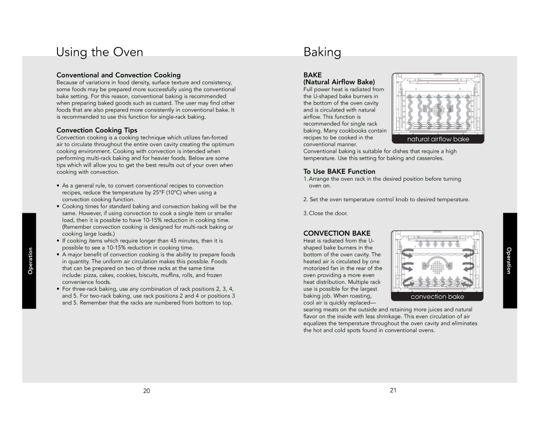 Viking VGIC5304BWH Using the Oven, Conventional and Convection Cooking, Convection Cooking Tips, To Use Bake Function 