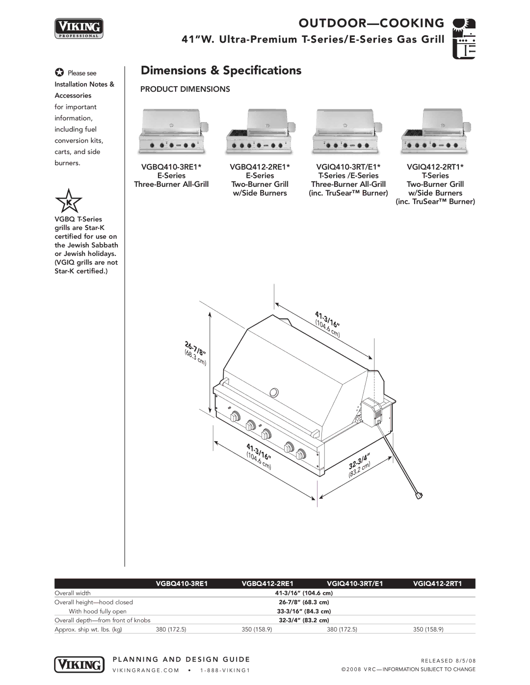 Viking VGIQ410-3RT/E1*, VGIQ412-2RT1*, VGBQ410-3RE1* manual Dimensions & Specifications, Product Dimensions 