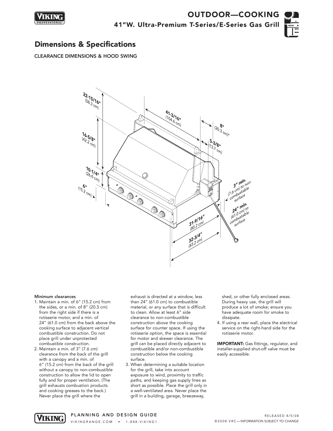 Viking VGIQ412-2RT1*, VGIQ410-3RT/E1*, VGBQ410-3RE1* manual Clearance Dimensions & Hood Swing 