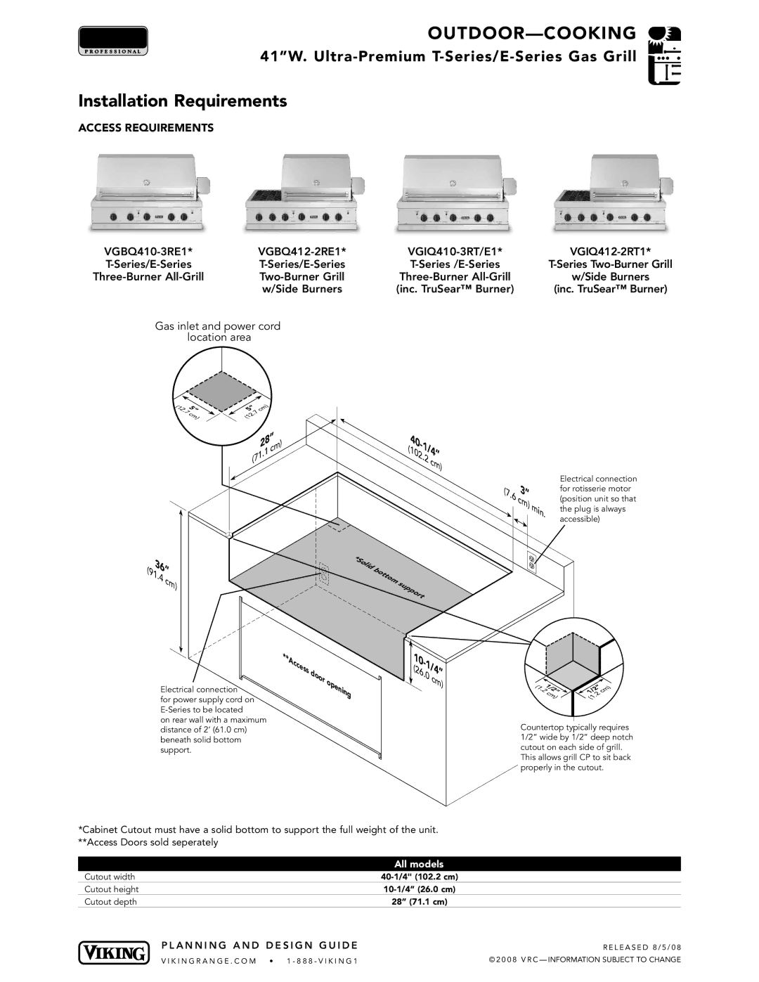 Viking VGBQ410-3RE1*, VGIQ410-3RT/E1* manual Installation Requirements, Gas inlet and power cord location area, All models 