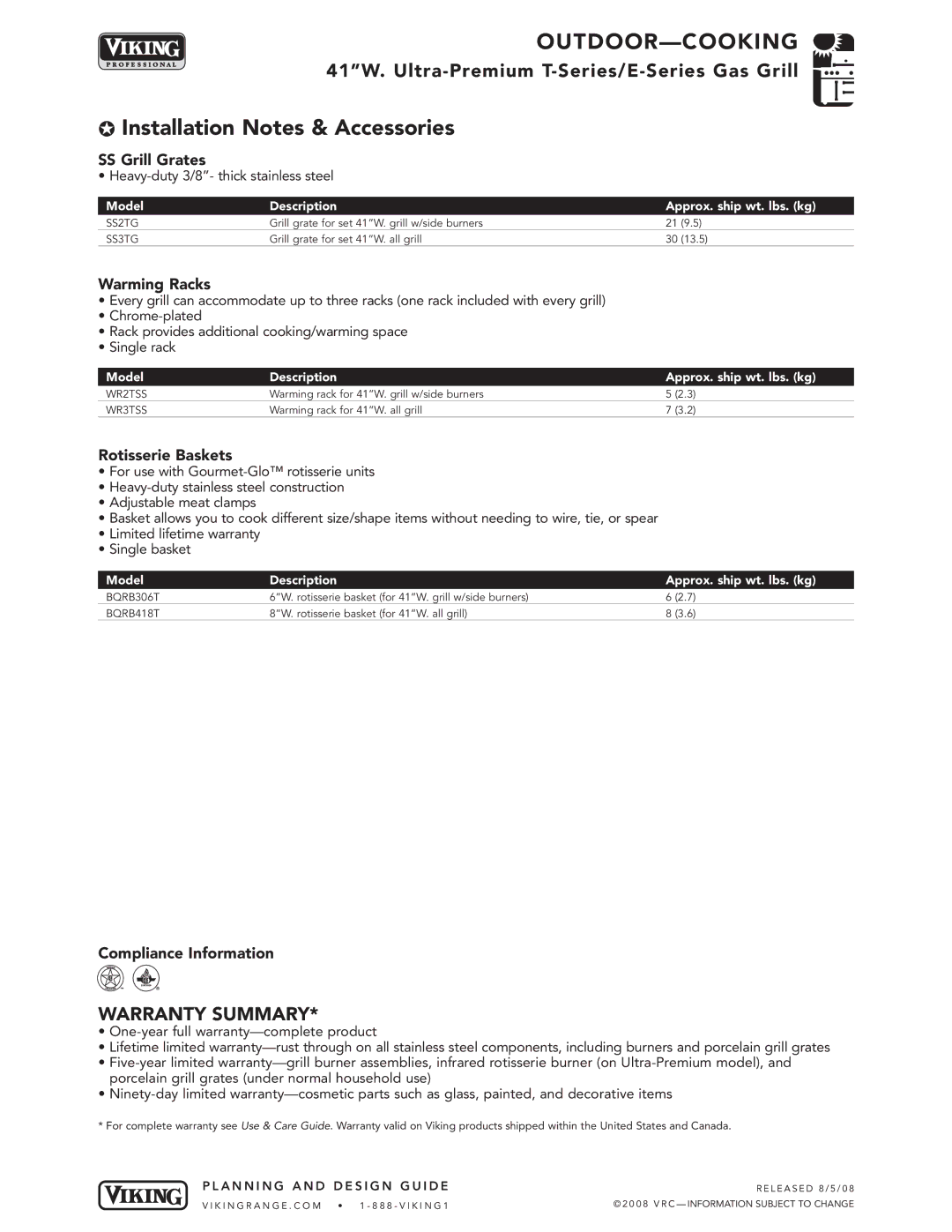 Viking VGBQ410-3RE1*, VGIQ410-3RT/E1* manual SS Grill Grates, Warming Racks, Rotisserie Baskets, Compliance Information 