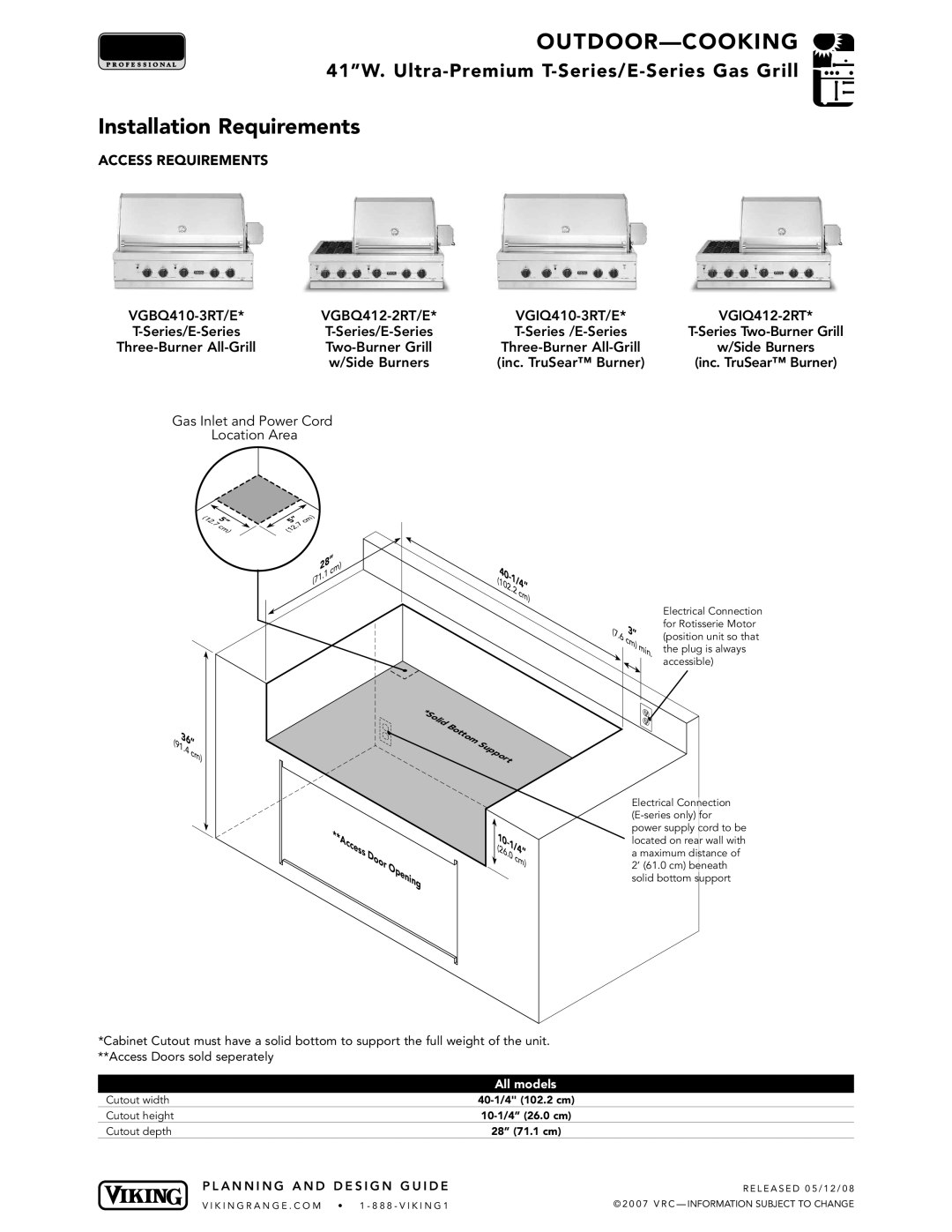 Viking VGIQ410-3RT/E*, VGIQ412-2RT*, VGBQ412-2RT/E* manual Installation Requirements, Gas Inlet and Power Cord Location Area 