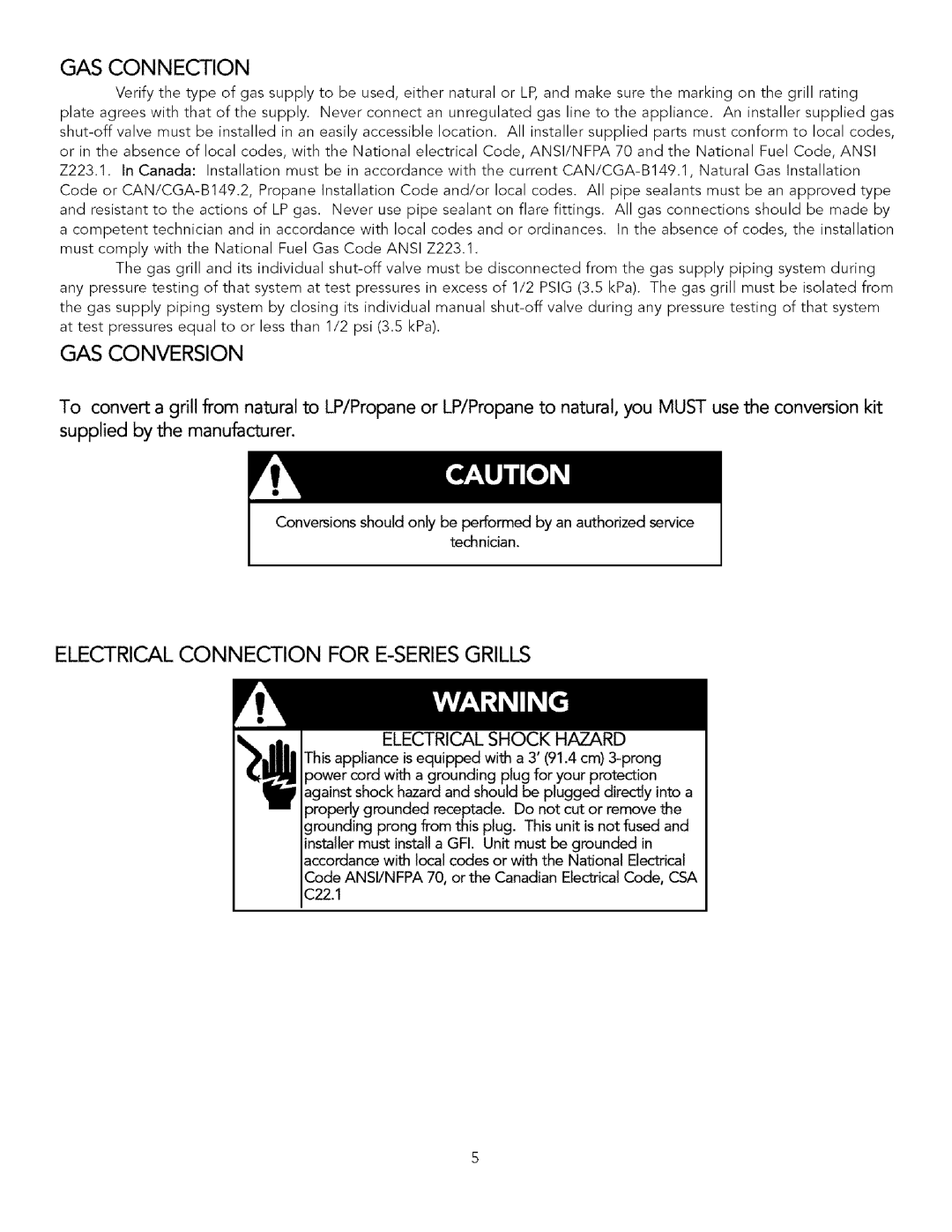 Viking VGIQ300T, VGIQ532T, VGIQ530E, VGIQ410E manual GAS Connection, GAS Conversion, Electrical Connection for E-SERIESGRILLS 