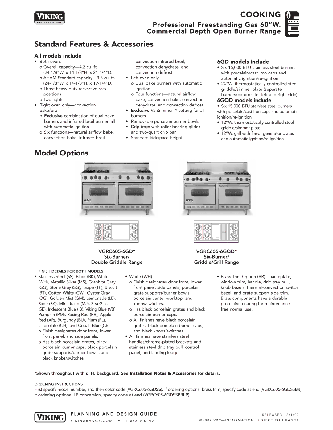 Viking VGRC manual Standard Features & Accessories, Model Options, All models include, 6GD models include 